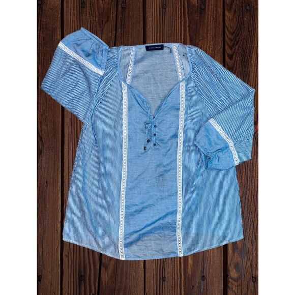 Ivanka Trump Women’s Sz. Large Blue White Striped Relaxed Fit Puff Sleeve Blouse - Picture 8 of 12